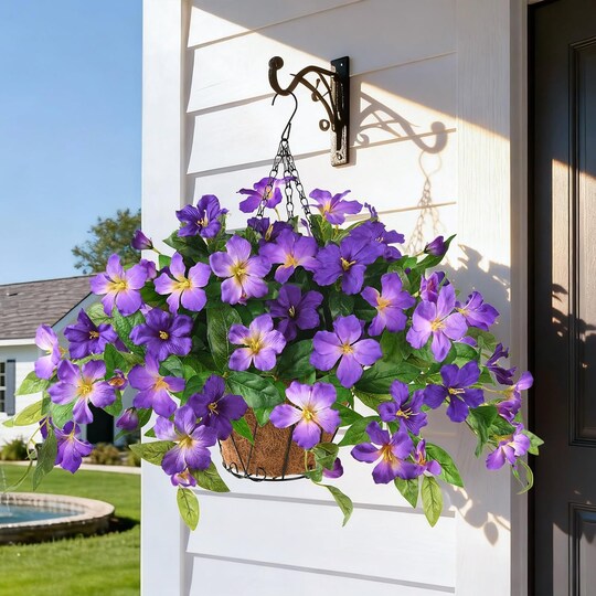 Artificial Hanging Flower Basket for Outdoors, UV Resistant Faux Silk Hanging Plants with Real Touch Flowers, Fake Outdoor Hanging Flowers for Front Porch Patio Balcony Garden Spring Summer Home Decor, Double Purple